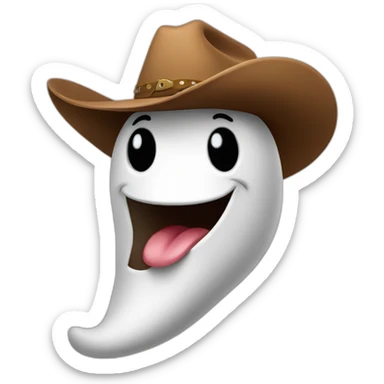 ghost wearing brown cowboy hat in a surprising pose, winking, sticking it's tongue out sticker