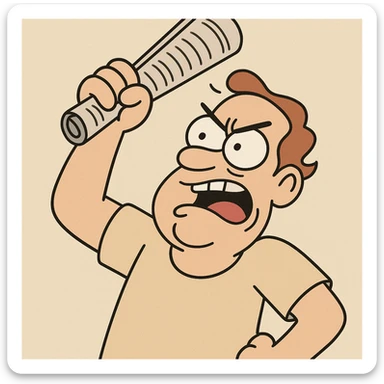 a hand holding a rolled up newspaper, raised and ready to smack someone on the head, exaggerated pose, playful and expressive, cartoon style sticker