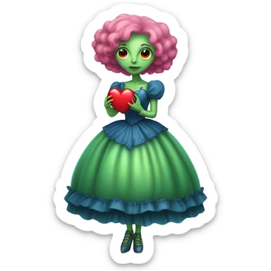 a green alien woman in Victorian blue dress, pink hair,holdig, red big hearth, full body sticker
