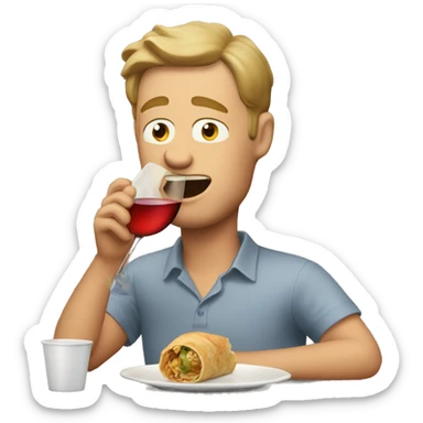 White guy drinking wine eating egg roll sticker