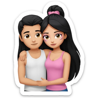 generate a pretty tan bratz boy wearing a white tshirt. Hugging a fair girl with long black hair, eyeliner, wearing a pink cami.  sticker