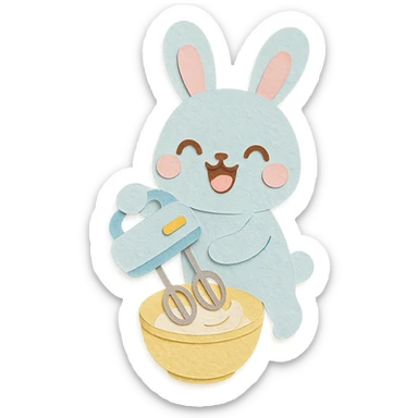 kawaii hand mixer rabbit spinning cream, joyful expression, soft pastel blue, full-body sticker