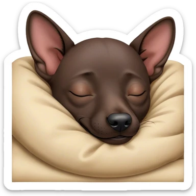 Meme-Worthy Cute Sleeping Xoloitzcuintle dog Portrait Emoji, Head resting peacefully with a contented smile, showcasing a sleek, muscular build with smooth, hairless ebony skin and gently relaxed wrinkles, eyes shut in a serene nap, Simplified yet hilariously adorable features, highly detailed, glowing with a soft, drowsy light, high shine, relaxed and utterly lovable, stylized with an air of playful laziness, bright and heartwarming, soft glowing outline, capturing the essence of a comically sleepy guardian, so meme-worthy it feels like it could instantly become the next viral sensation of adorable slumber! sticker