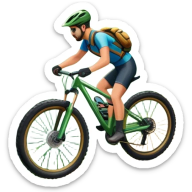 An icon showing a mountain bike with thick tires on a forest trail, surrounded by trees and natural terrain. The background features a lush green forest with sunlight filtering through the branches, and a winding path ahead. Transparent background highlights the  adventure of mountain biking. sticker