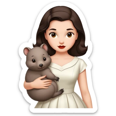 Beautiful woman in 1950’s woman fashion look, white dress, long dark brown hair, wombat sticker