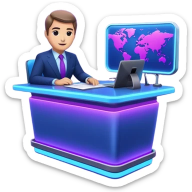 news anchor desk with neon glow effect, blue neon glow on top left, purple neon glow on bottom right sticker