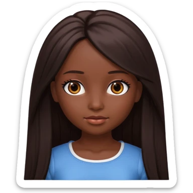 Boneca digital em estilo 3D realista e fofo, semelhante a uma boneca colecionável. Mulher jovem com pele negra, olhos castanhos escuros, cabelo liso cor chocolate, longo e bem alinhado.  sticker