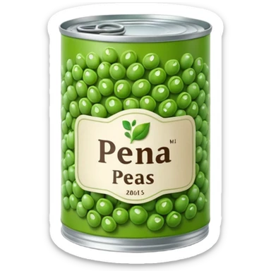 metal can with simple neutral label showing green peas, open top revealing glossy pile of small tender green peas inside, plump and moist suggesting brine preservation, no spoon plate or branding, apple emoji style, soft lighting, subtle shadows, transparent background, emoji scale sticker