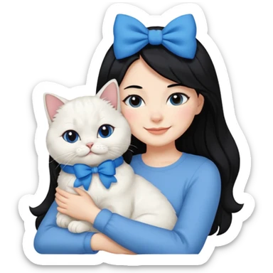 black hair woman snuggling white Persian cat with a blue bow sticker
