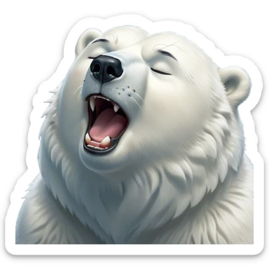 Cinematic Cute Yawning Polar Bear Portrait Emoji, Head tilted slightly with a dramatic, wide-open yawn, showcasing luxuriously thick fur and sleepy, half-closed eyes radiating drowsy contentment, Simplified yet irresistibly adorable features, highly detailed, glowing with a soft, cozy polar light, high shine, relaxed yet expressive, stylized with a dash of whimsical arctic charm, soft glowing outline, capturing the essence of a drowsy yet affectionate guardian that seems ready to stretch out for a nap! sticker