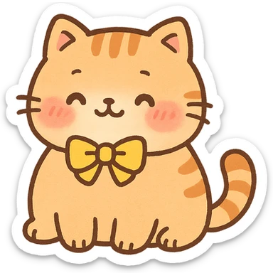 cute chubby cat with a yellow bow, orange tabby fur, blushing cheeks, kawaii style sticker