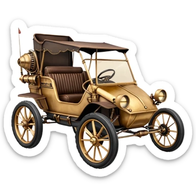 Old American West tarnished underglow C-3PO bounty hunter 1854 delicately ornate rosegold accents painted dune buggy buckboard wagon powered by electric motors and batteries with safety and belts flying rapidly roughening terrain stable on strong agile steampunk cantilever suspension and steering  sticker