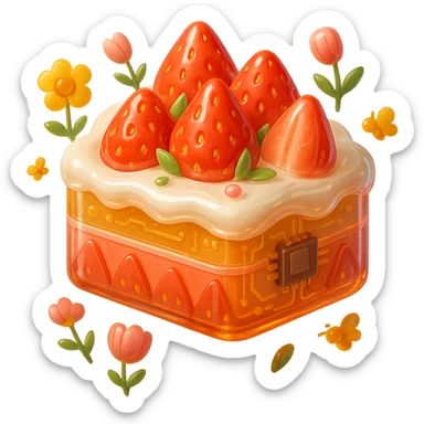 Edit the image to depict a cute strawberry cake with whipped cream and whole strawberries on top, surrounded by flowers. Make the cake shiny and glossy, on a white background, in a 3D style with a glossy circuit look. sticker