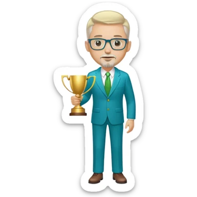 Full Body white male husky in body type  wearing glasses with a goatee with light blonde gray very short hair basketball head Coach in blue and green suit holding trophy sticker