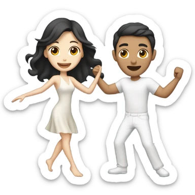 A pale half Asian man with short dark hair and white woman with long wavy brunette hair dancing together sticker