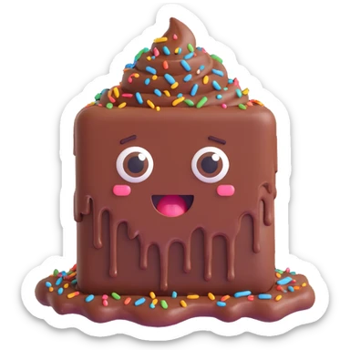 Rectangular chocolate mini pastry, messy chocolate dripping, sprinkles flying, surprised eyes, open mouth, text above: "ПАСТИЧКА", chibi style, Twitch emoji style, transparent background, colorful
 sticker