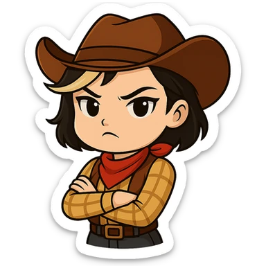 Chibi cowgirl with short hair and a blonde streak, wearing a cowboy hat and western outfit, no guns, chibi/anime style, transparent background, sized for Twitch or Discord use. Pose: arms crossed, determined expression. sticker