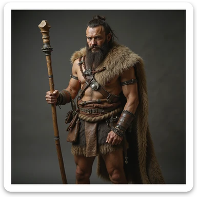 ancient hunter with animal skin clothing and wooden club, photorealistic style sticker