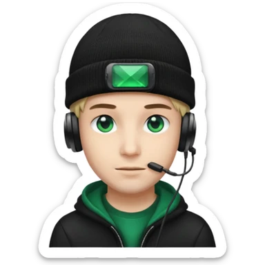 garcon avec un bonnet noir avec un emeraude dessus et un casque gaming moin bronzé sticker
