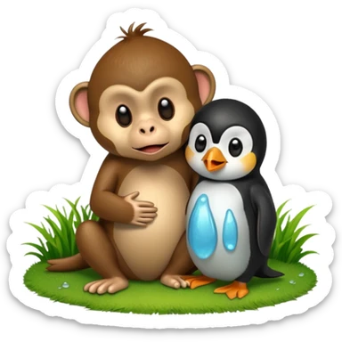 A monkey melting and crying while having a penguin on its head and both of them are touching grass sticker