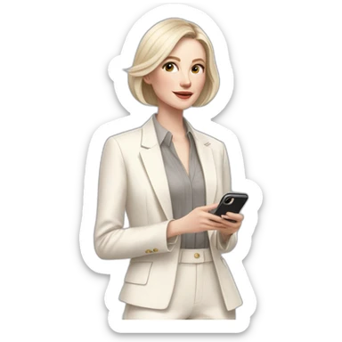 pale skin woman with ash blonde Straightened bob Hair, White Spacious classical jacket, beige palazzo Arrow pants and gray blouse holding white IPhone 14 pro in the hands sticker