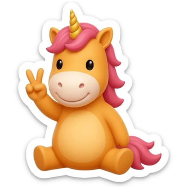 Unicornio bebé naranja sonriente sentado y haciendo signo de paz con los dedos sticker