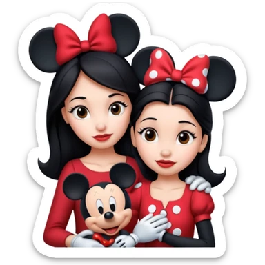 Dark haired women on her own with mickey mouse and Minnie Mouse sticker