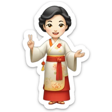 Chinese middle aged lady wear Chinese traditional dress  with a sign of agreeable and peace gesture sticker