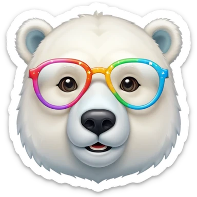 close up headshot of a friendly anthropomorphised polar bear wearing oversized colorful star glasses sticker