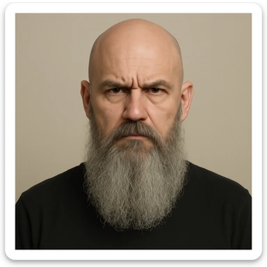 a bald man with a long grey beard, serious face, plain background sticker