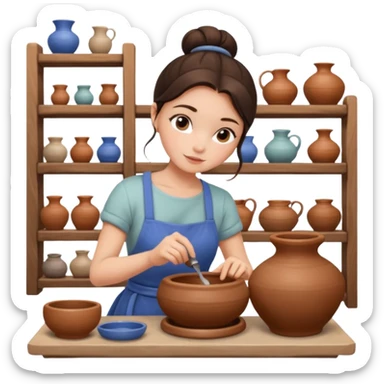 Brunette girl, bun, doing pottery, pottery wheel sticker