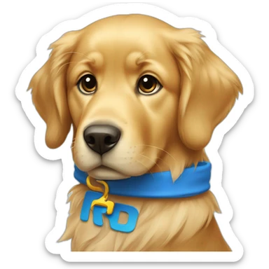 golden retriever with blue t-shirt with the letter r sticker
