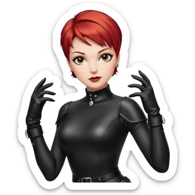 capelli corti di colore rosso, tagliati leggermente sopra le spalle e con una chioma piena e ben curata. Ha la carnagione chiara, Ha lo sguardo fiero e sicuro di sé ed una personalità dominante ed un abbigliamento da mistress con guanti e stivali in pelle sticker