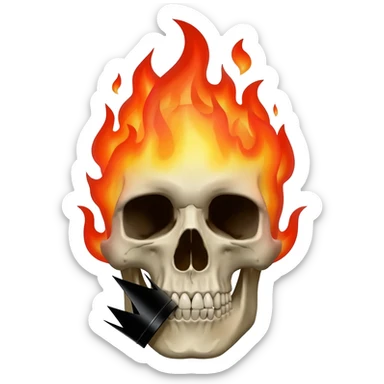 generate a skull burning with black flames and a black crown in its mouth sticker