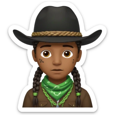 Black boy with 3 braids on each side of face wearing a black cowboy hat with green bandana around his neck sticker