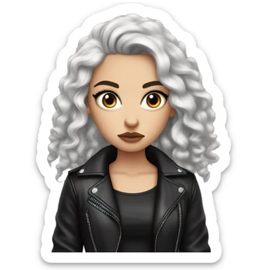 White girl, with long curly black hair, black winged eyeliner, wearing black shirt and black leather jacket, rolling her eyes annoyed sticker