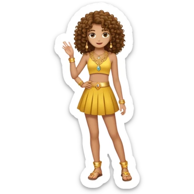 Full body teenage girl with curly brown hair, choni style with gold jewelry sticker