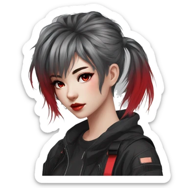 Gorgeous anime style techwear lady with blushing face aesthetic and pretty edgy black red punk hair with hair garment trending style sticker