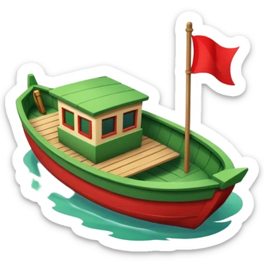 green boat in cartoon having a small place to live and a small red flag on it sticker