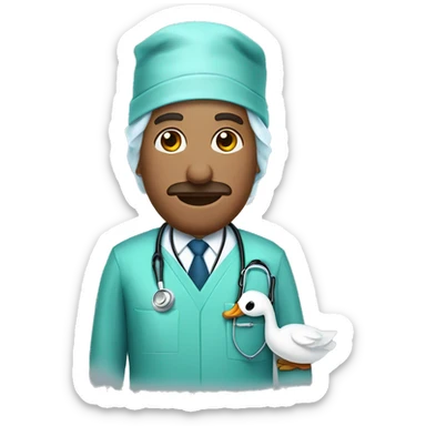 a swan dressed as a surgeon, wearing medical scrubs, a stethoscope around its neck, and a slightly professional sticker