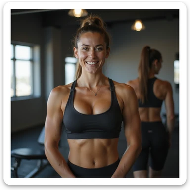 hyperrealistic 4K image of a proud woman showing her toned muscles in sportswear, posing confidently in front of a gym mirror, motivational atmosphere, detailed fitness progress sticker