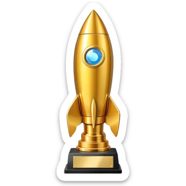Golden rocket trophy award, shiny gold rocket with a trophy base sticker