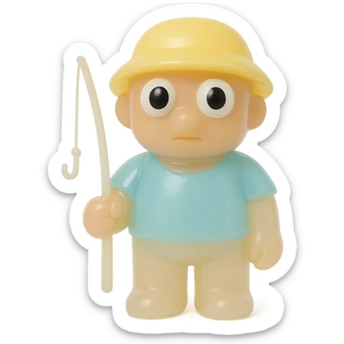 full-body fisherman, retro 90's toy style, very transparent and slightly see-through, natural tan skin, blue shirt, yellow hat, large round derpy eyes like reference turtle, soft plastic texture, soft reflections, soft and squishy, some cloudiness, not shiny, highly detailed, appealing, no tag, no background sticker