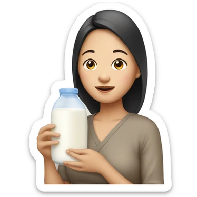 An Asian woman gives her baby milk sticker