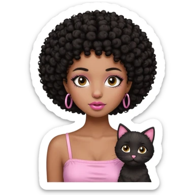 Dark brown skin girl with short black curly hair afro styled , she has pretty wispy cat eyelashes and is wearing a light pink tube top with lip gloss  sticker