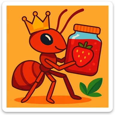 regal ant with a golden crown, clutching a jar of strawberry jam, cartoon style sticker
