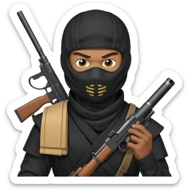 A black male in a ninja mask with a gun sticker