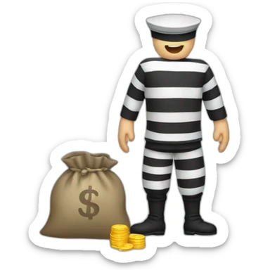 Prisoner uniform with white stripes and with a sack of money sticker