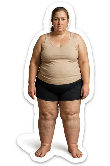 donna realistica leggermente in sovrappeso con vene visibili sulle gambe e gambe gonfie, iperrealistica 4k, IPERREALISTICA 4K sticker