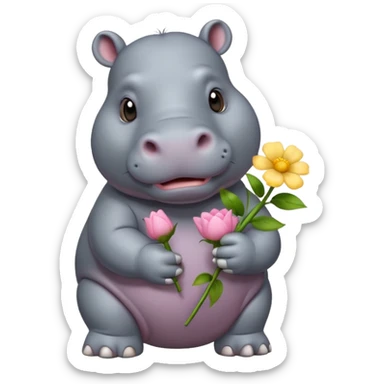 hippo holding flower sticker